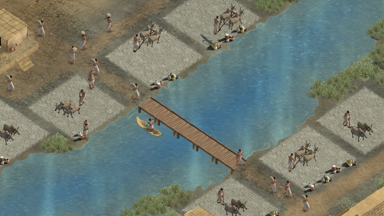 A river crossed by a timber bridge, a boat on the water and oxen ploughing fields on both banks.