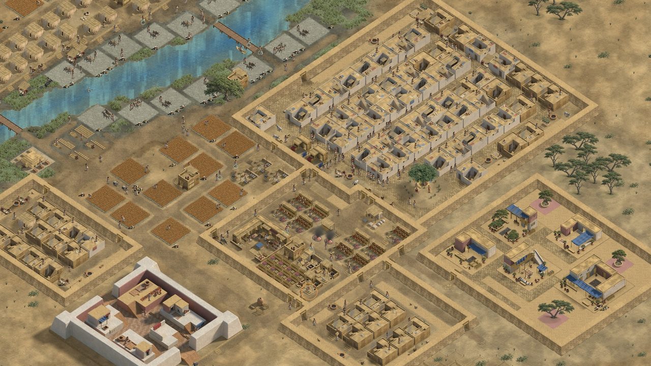 A walled town from above: river fields, a craft quarter, blocks of houses and a white precinct.